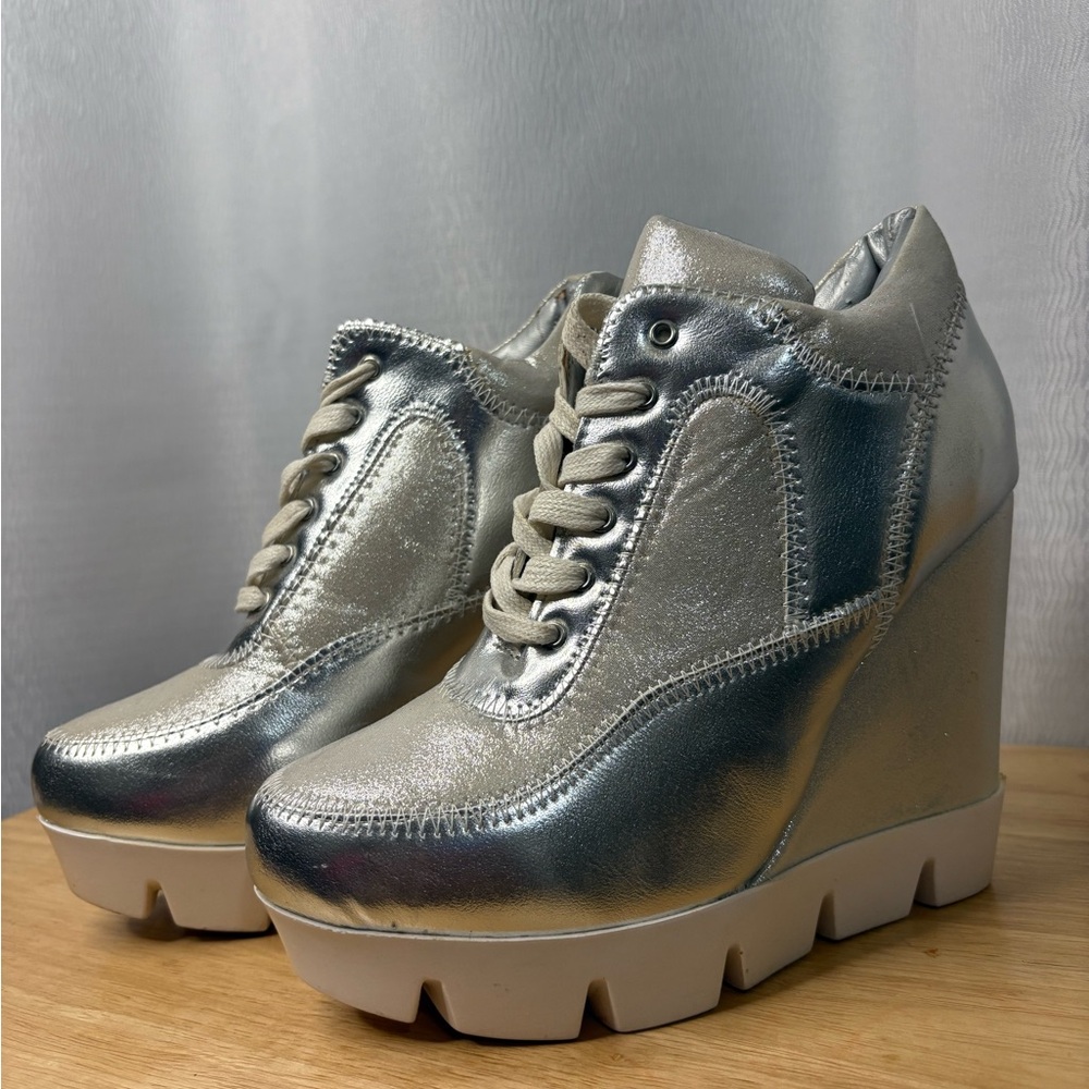 Silver Metallic Women's Wedge Sneakers